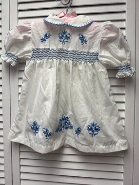 Handmade White Smocked Girls Dress Blue Embroidery handwritten size 2